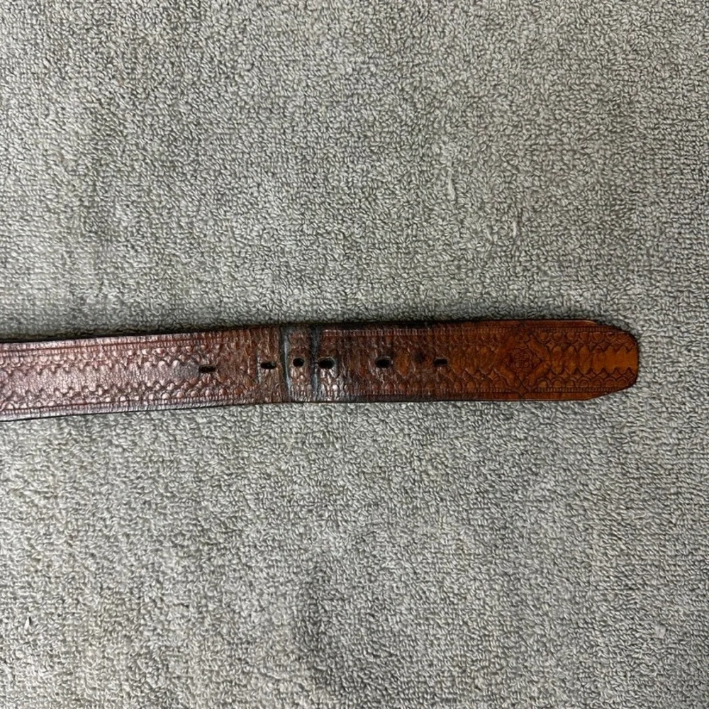 Vintage Brown Tooled Leather Belt Mens 36 Western Basketweave Made in USA 160286